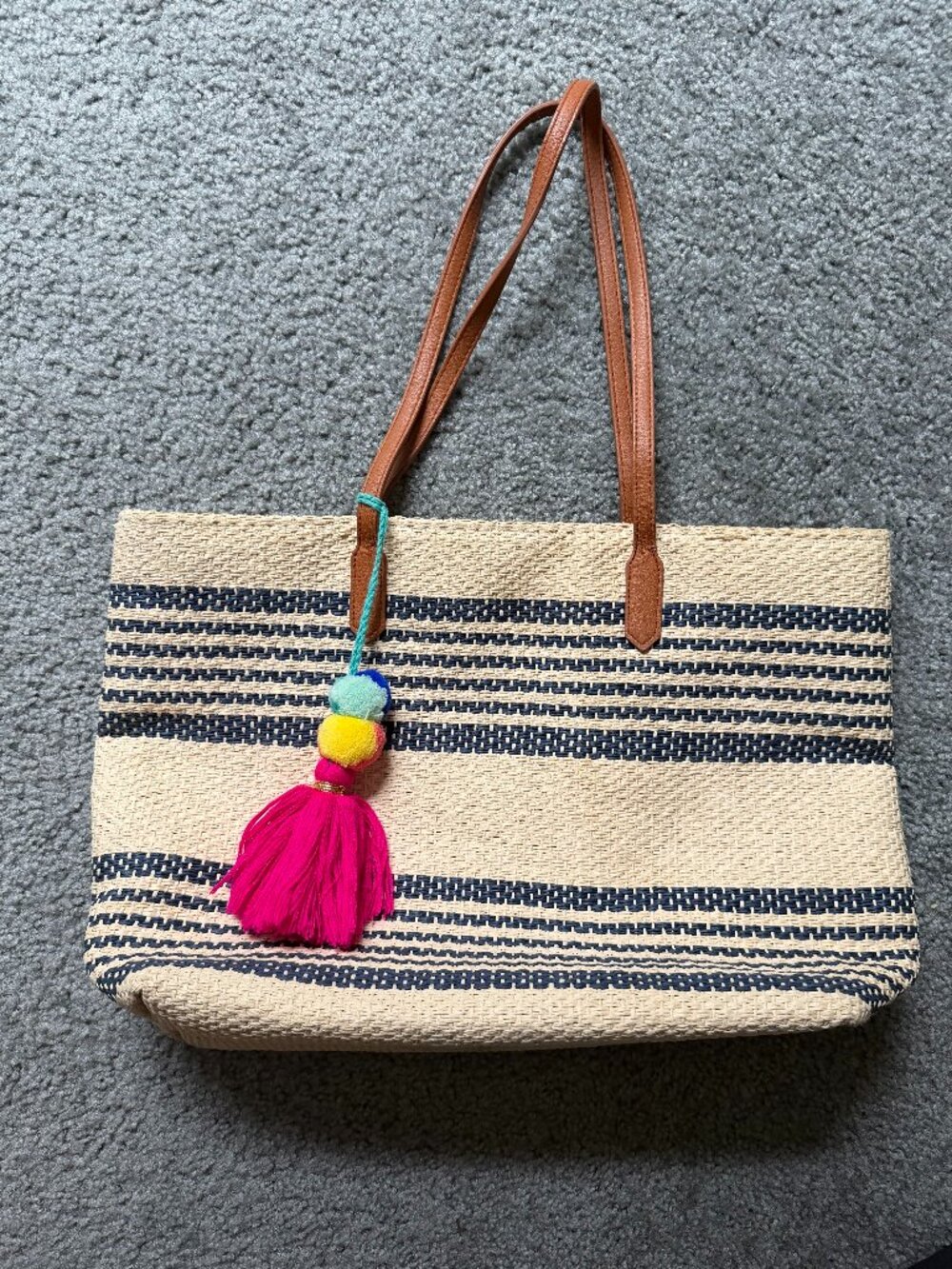 Old Navy striped tote bag with multicolor pompom tassel